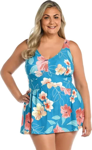 Maxine Of Hollywood Women's V-Neck Swim Dress One Piece Swimsuit
