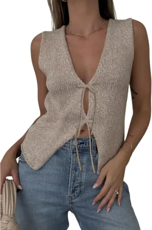 Meihuida Women Vest Top Tie Front Y2k Crochet Knit V Neck Sleeveless Vest Casual Streetwear