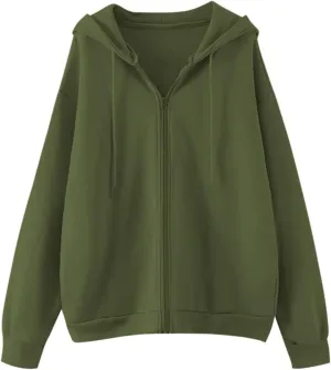 Meladyan Women Oversized Solid Zip Up Hoodie Drawstring Hooded Long Sleeve Fleece Vintage Sweatshirts Jackets Pockets 90s