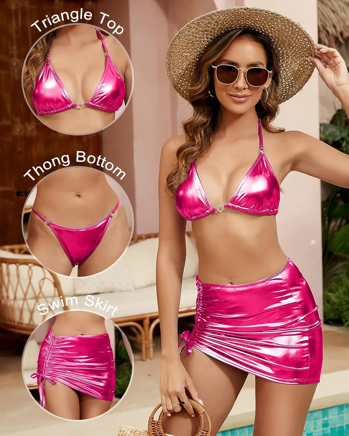 MELYUM 3 Piece Tummy Control Swimsuits for Women High Waisted Bikini Sets Metallic Sexy Bathing Suit Swim Suits Skirt
