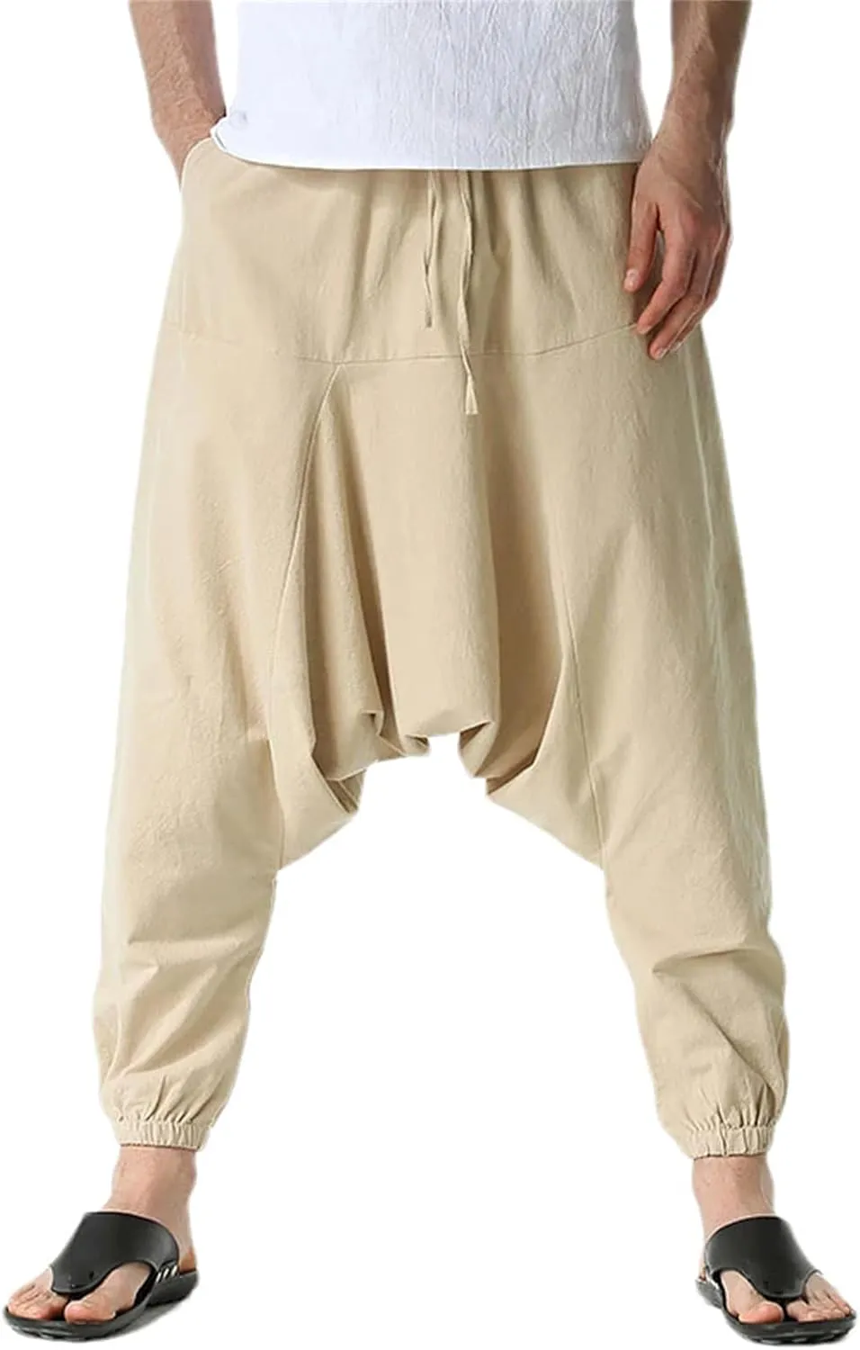Men Cotton Linen Pants Harem Casual Oversize Loose Wide Leg Pants Drop Crotch Trousers Hip Hop
