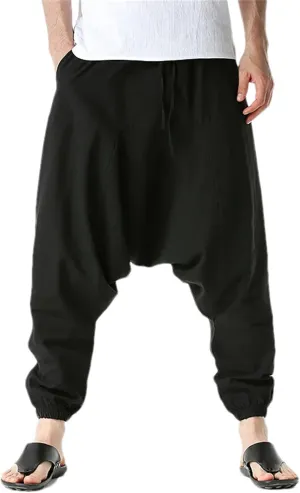 Men Cotton Linen Pants Harem Casual Oversize Loose Wide Leg Pants Drop Crotch Trousers Hip Hop