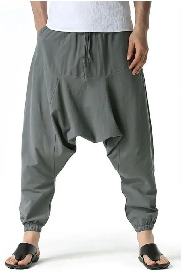 Men Cotton Linen Pants Harem Casual Oversize Loose Wide Leg Pants Drop Crotch Trousers Hip Hop