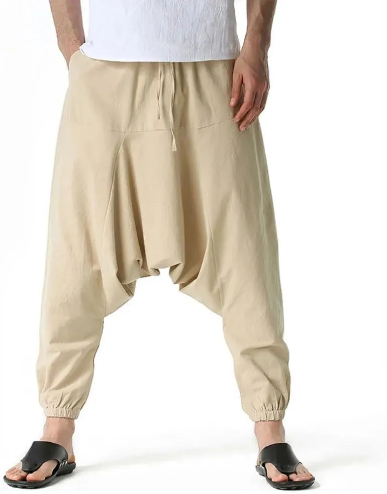 Men Cotton Linen Pants Harem Casual Oversize Loose Wide Leg Pants Drop Crotch Trousers Hip Hop