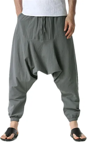 Men Cotton Linen Pants Harem Casual Oversize Loose Wide Leg Pants Drop Crotch Trousers Hip Hop