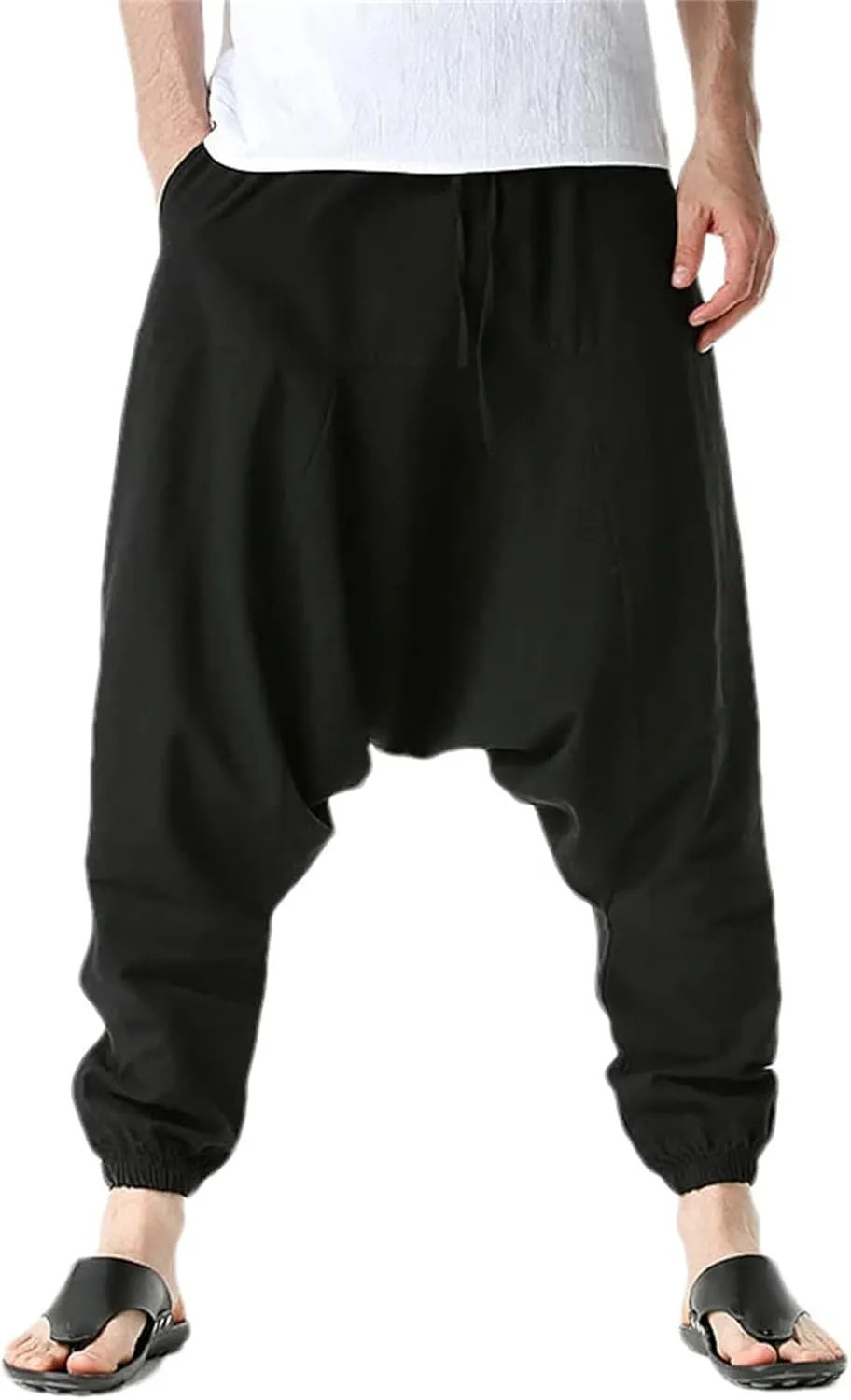 Men Cotton Linen Pants Harem Casual Oversize Loose Wide Leg Pants Drop Crotch Trousers Hip Hop