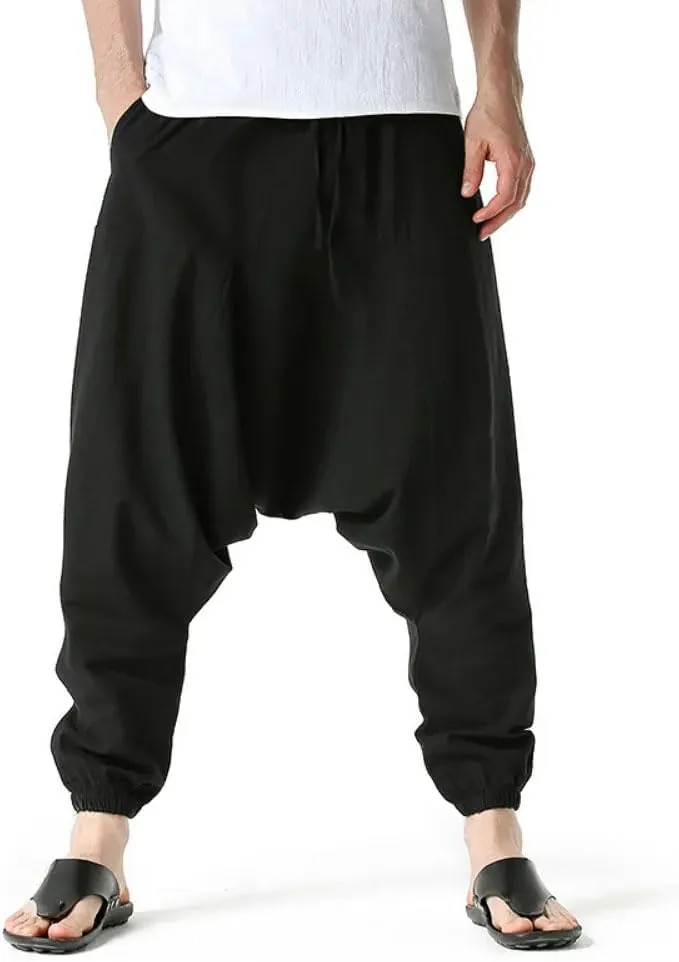 Men Cotton Linen Pants Harem Casual Oversize Loose Wide Leg Pants Drop Crotch Trousers Hip Hop