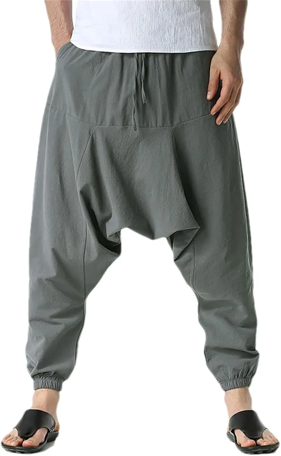 Men Cotton Linen Pants Harem Casual Oversize Loose Wide Leg Pants Drop Crotch Trousers Hip Hop