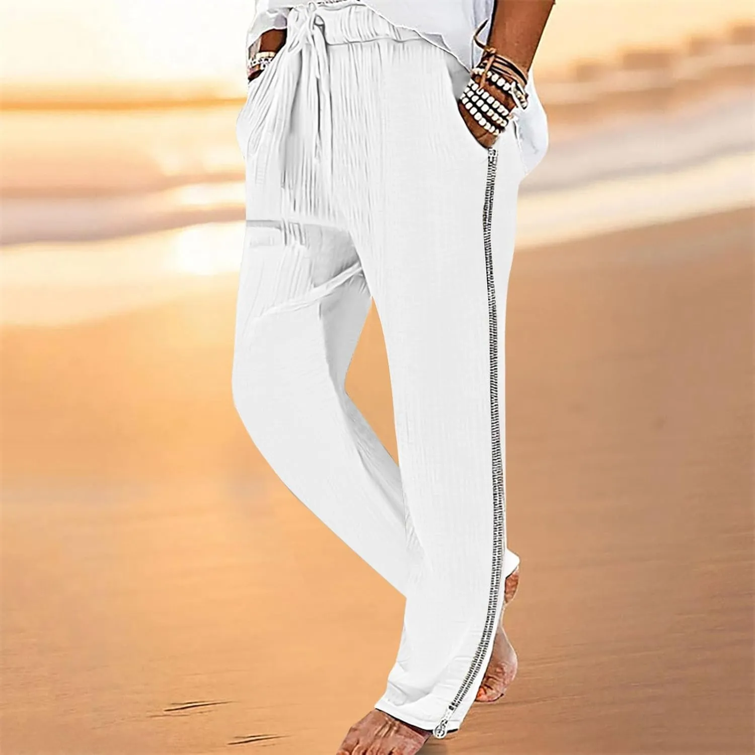 Men Linen Pants Side Zipper Pants Drawstring Tapered Pants Elastic Waist Trousers Losse Fit Summer Pants Dress Pants