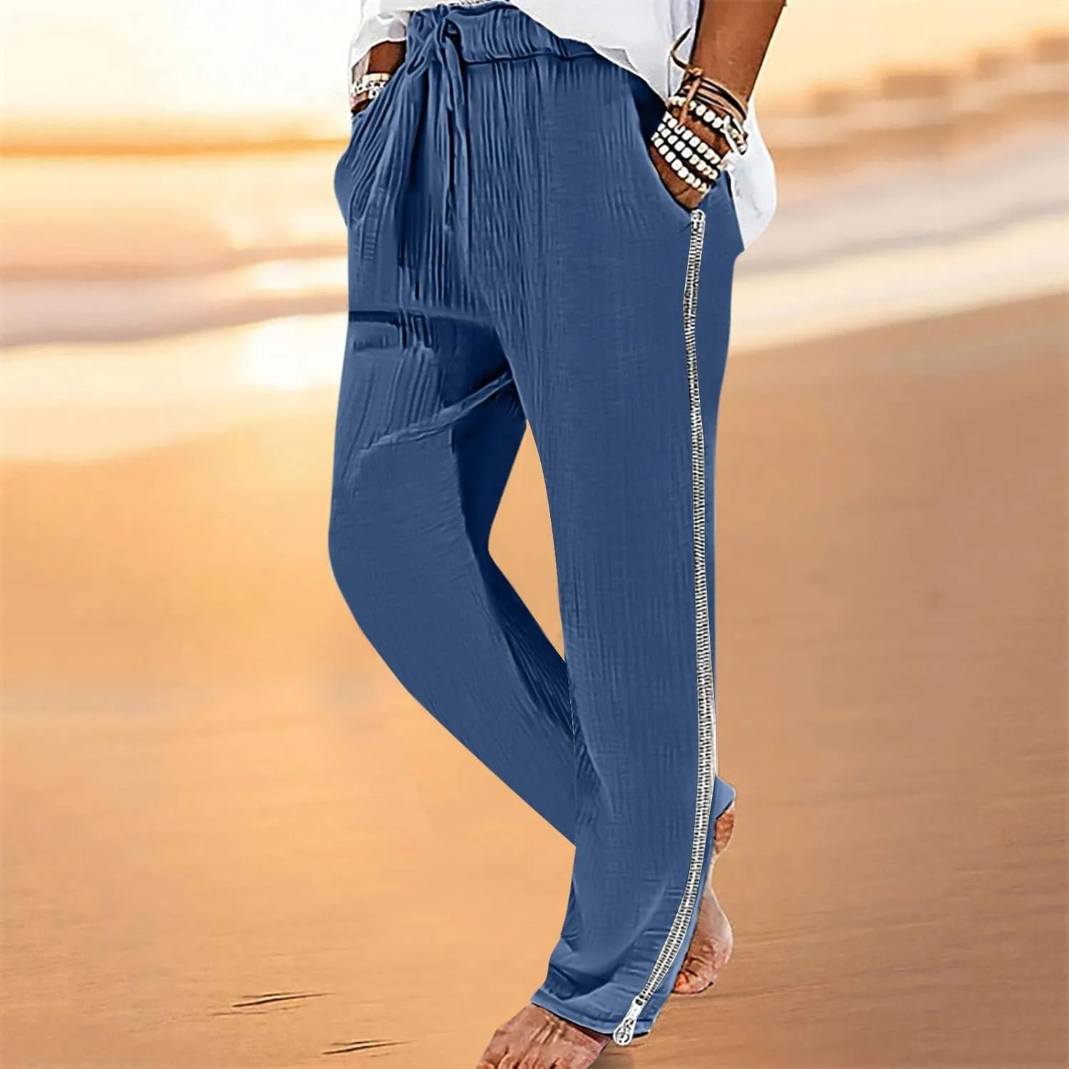 Men Linen Pants Side Zipper Pants Drawstring Tapered Pants Elastic Waist Trousers Losse Fit Summer Pants Dress Pants