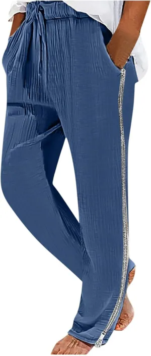 Men Linen Pants Side Zipper Pants Drawstring Tapered Pants Elastic Waist Trousers Losse Fit Summer Pants Dress Pants