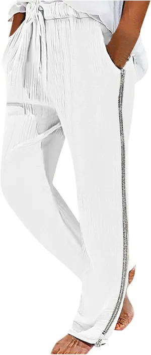 Men Linen Pants Side Zipper Pants Drawstring Tapered Pants Elastic Waist Trousers Losse Fit Summer Pants Dress Pants