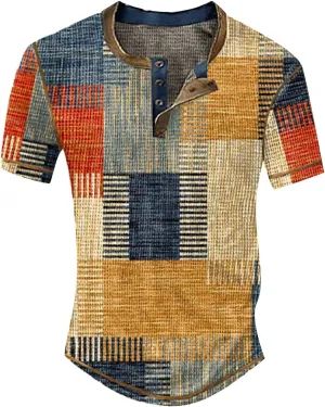 Men Polo Shirt Sleeved Casual Top Striped Plaid Retro Western Denim Print Button Men's T Shirt Top Polo White Tees
