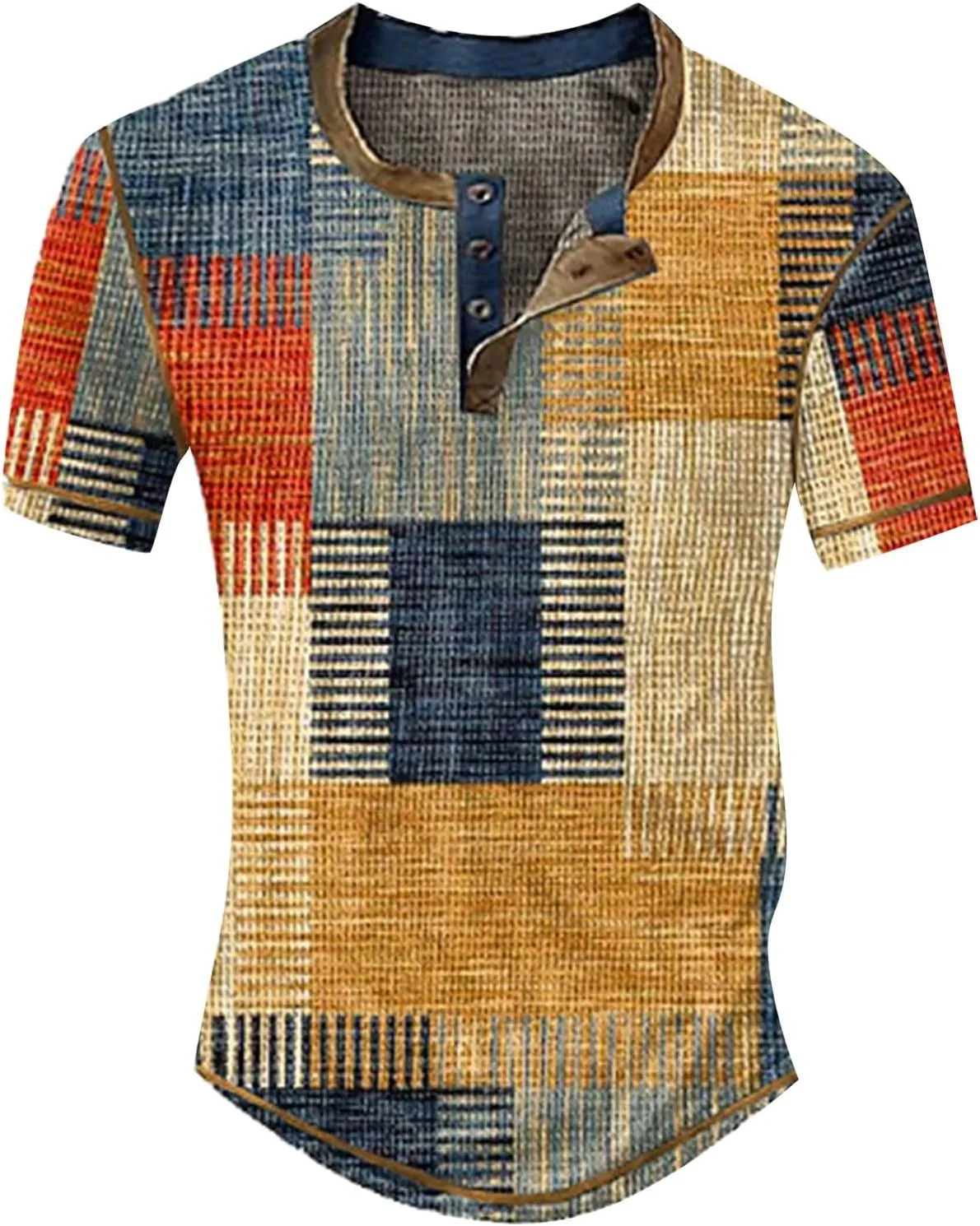 Men Polo Shirt Sleeved Casual Top Striped Plaid Retro Western Denim Print Button Men's T Shirt Top Polo White Tees