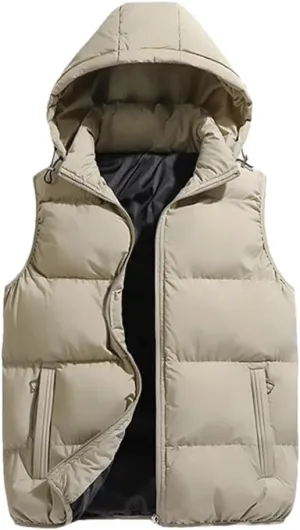 Men Puffer Sleeveless Cotton Padded Keep Warm Thicken Autumn Winter Coats Detachable Hood Vest
