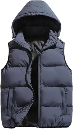 Men Puffer Sleeveless Cotton Padded Keep Warm Thicken Autumn Winter Coats Detachable Hood Vest