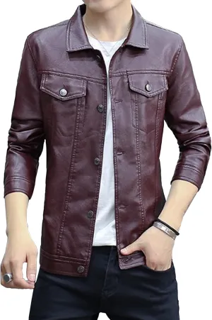 Men Shirt Style Leather Jacket Male Vintage Faux Lambskin Pu Jackets Flip Collar Trucker Leather Coat Single-Breasted