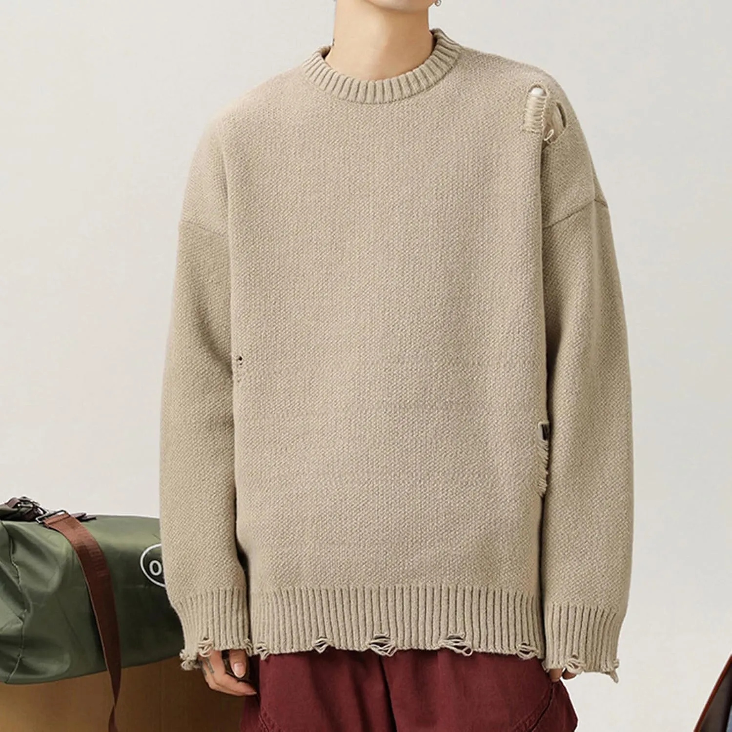 Men Stylish Ripped Sweater Pullover Oversized Long Sleeve Distressed Knit Jumpers Tops Winter Casual Party Knitwear