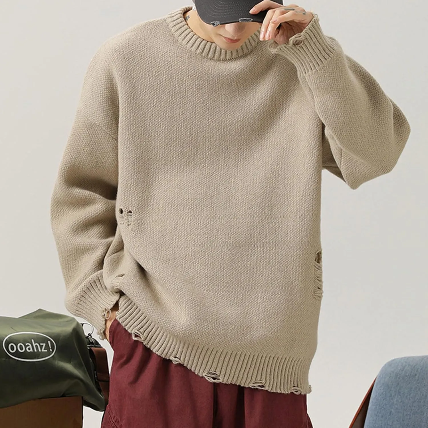 Men Stylish Ripped Sweater Pullover Oversized Long Sleeve Distressed Knit Jumpers Tops Winter Casual Party Knitwear