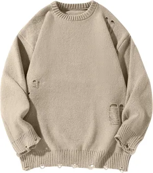 Men Stylish Ripped Sweater Pullover Oversized Long Sleeve Distressed Knit Jumpers Tops Winter Casual Party Knitwear