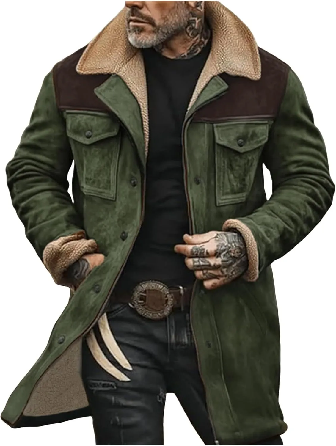 Men Suede Leather Jacket Winter Fur Shearling Duster Coat Retro Faux Leather Fleece Motorcycle Trucker Western Jacket