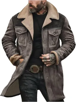 Men Suede Leather Jacket Winter Fur Shearling Duster Coat Retro Faux Leather Fleece Motorcycle Trucker Western Jacket