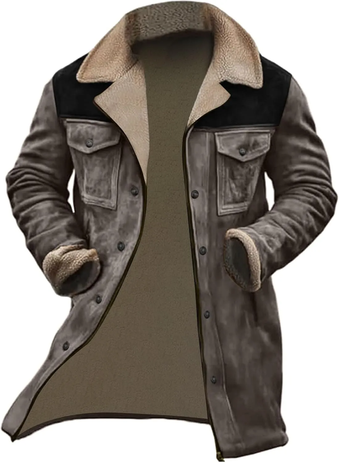 Men Suede Leather Jacket Winter Fur Shearling Duster Coat Retro Faux Leather Fleece Motorcycle Trucker Western Jacket