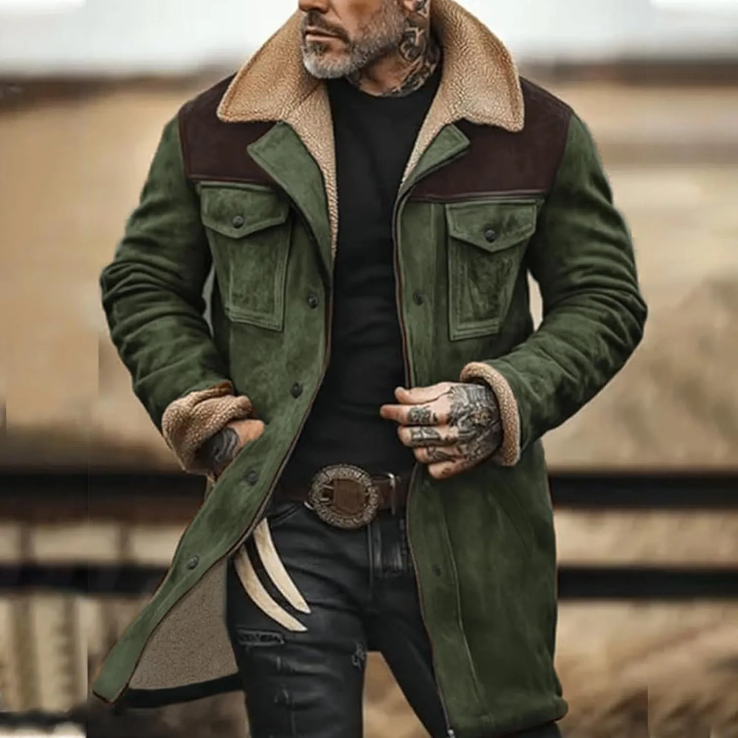 Men Suede Leather Jacket Winter Fur Shearling Duster Coat Retro Faux Leather Fleece Motorcycle Trucker Western Jacket