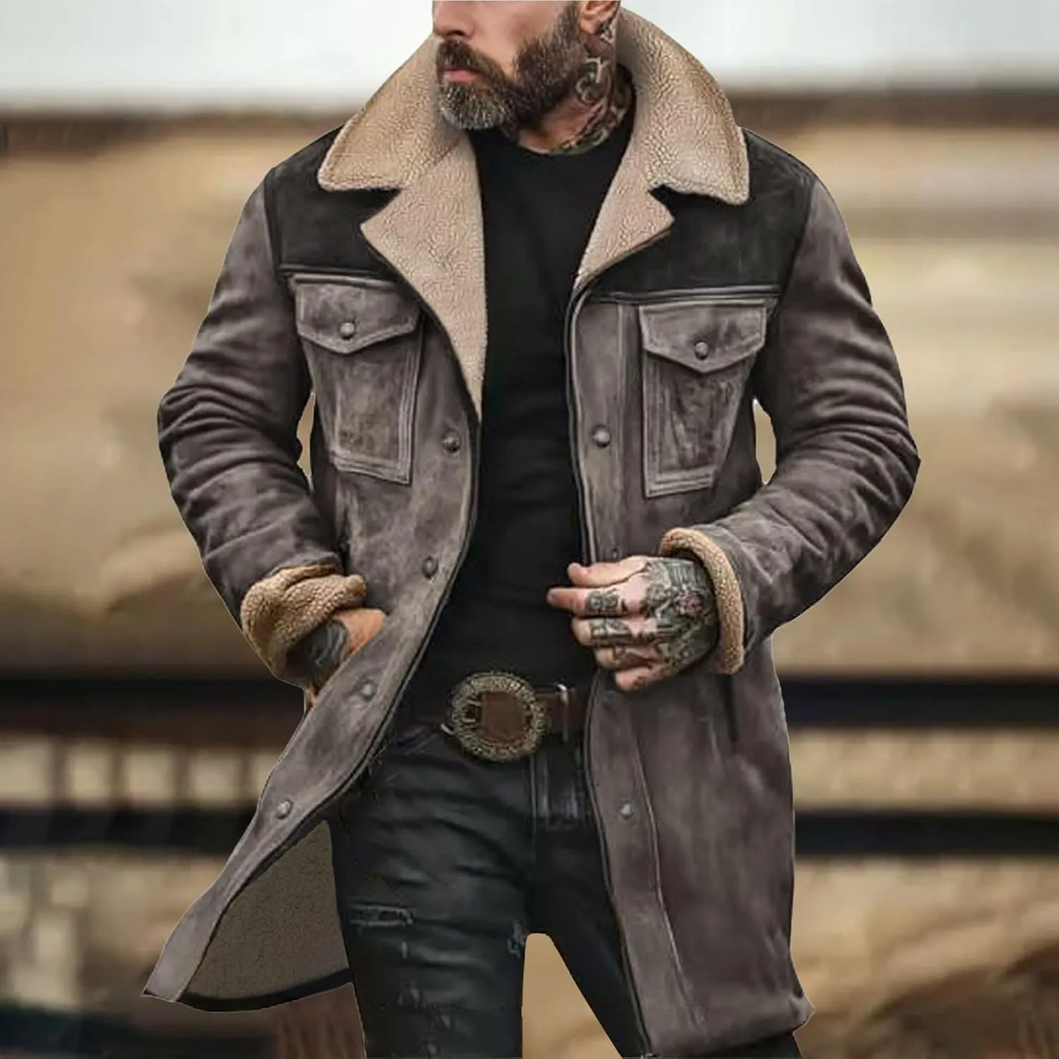 Men Suede Leather Jacket Winter Fur Shearling Duster Coat Retro Faux Leather Fleece Motorcycle Trucker Western Jacket