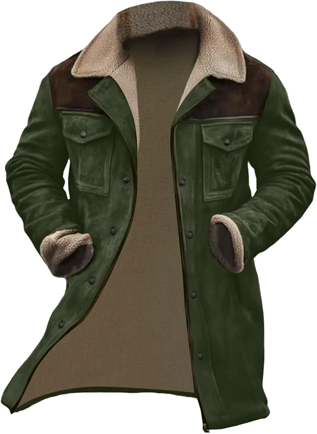 Men Suede Leather Jacket Winter Fur Shearling Duster Coat Retro Faux Leather Fleece Motorcycle Trucker Western Jacket