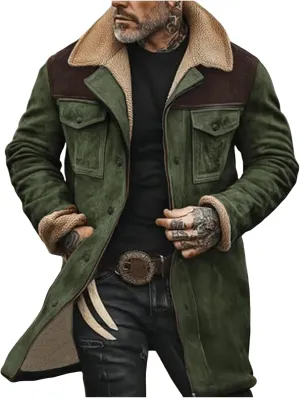 Men Suede Leather Jacket Winter Fur Shearling Duster Coat Retro Faux Leather Fleece Motorcycle Trucker Western Jacket