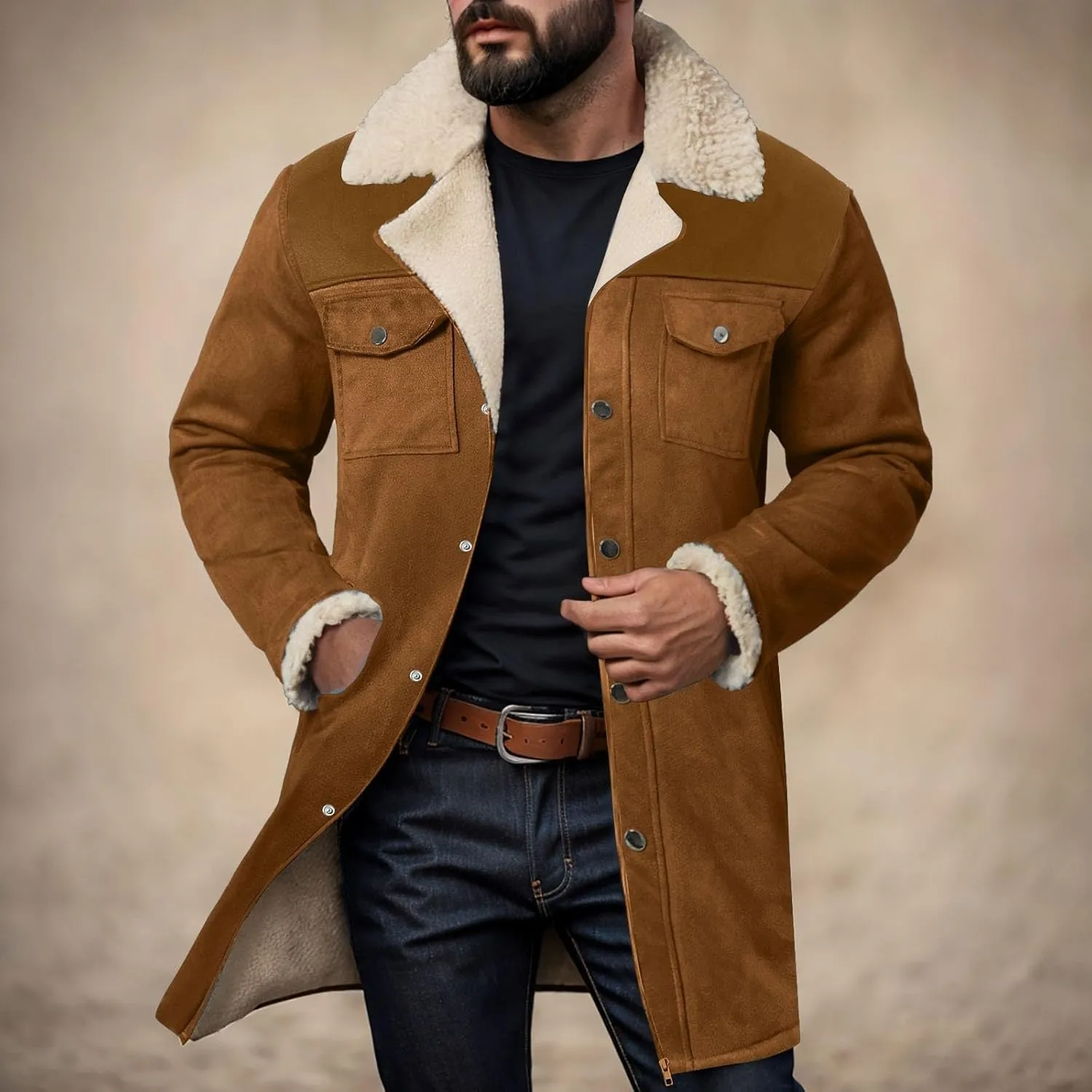 Men Vintage Suede Jacket Plush Collar Coats Faux Leather Jacket Men Zip Up Motorcycle Jacket Coats Retro Tops