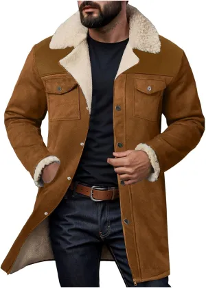 Men Vintage Suede Jacket Plush Collar Coats Faux Leather Jacket Men Zip Up Motorcycle Jacket Coats Retro Tops