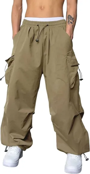 Men's Baggy Cargo Pants Drawstring Casual Y2K Parachute Pants Loose Fit Harem Joggers with Pockets