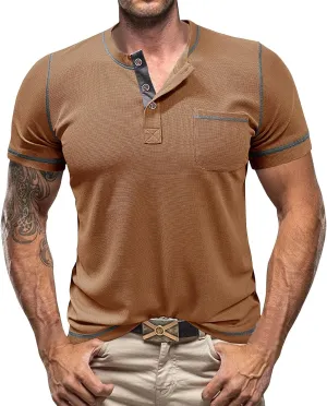 Mens Band Collar Henley Short Sleeve Shirt Vintage Casual Summer Shirt Soft Fashion Casual Beach T Shirts