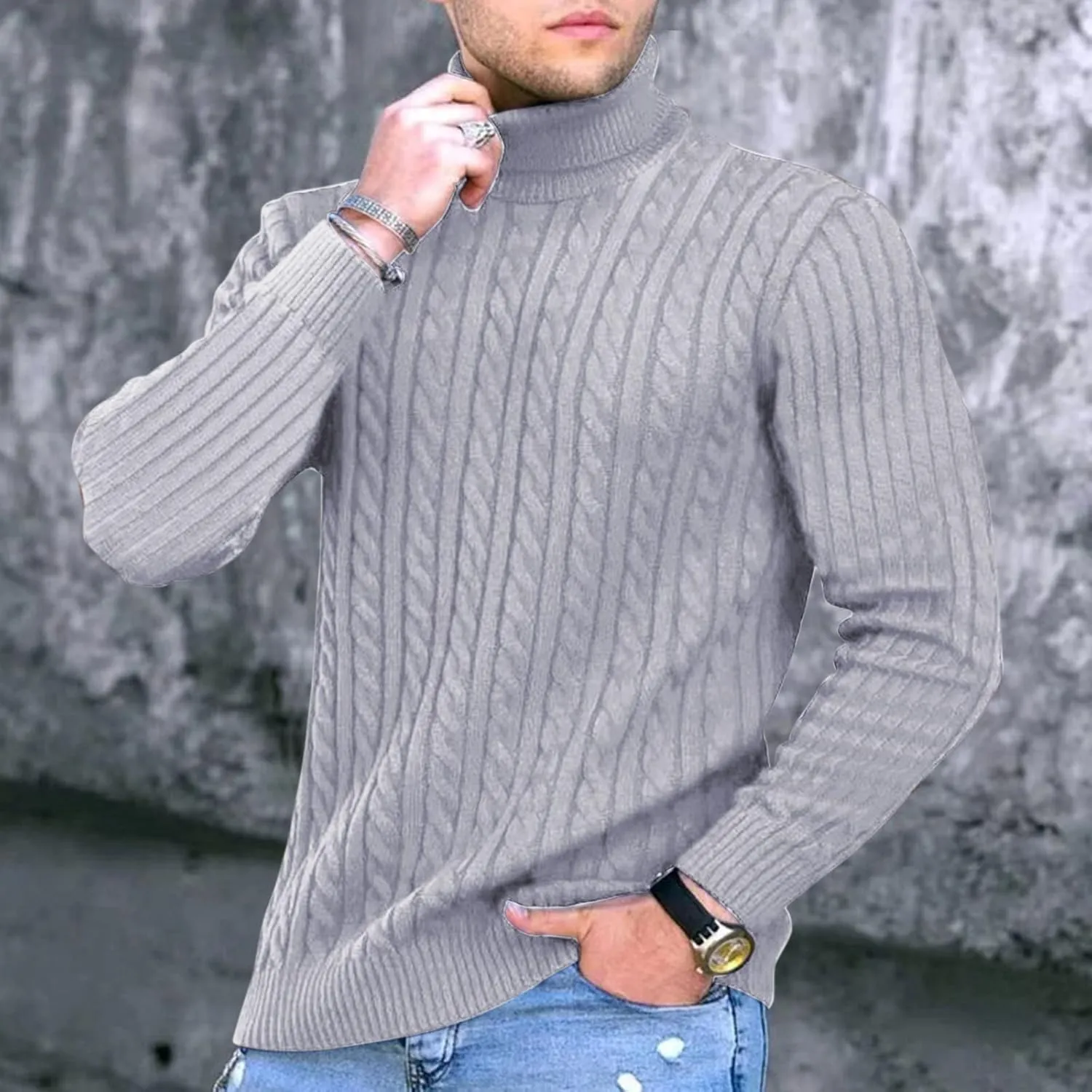 Men's Basic Designed Knitted Sweaters,Slim Pullover Sweaters High Neck Knitted Sweater Long Sleeve Knitwear