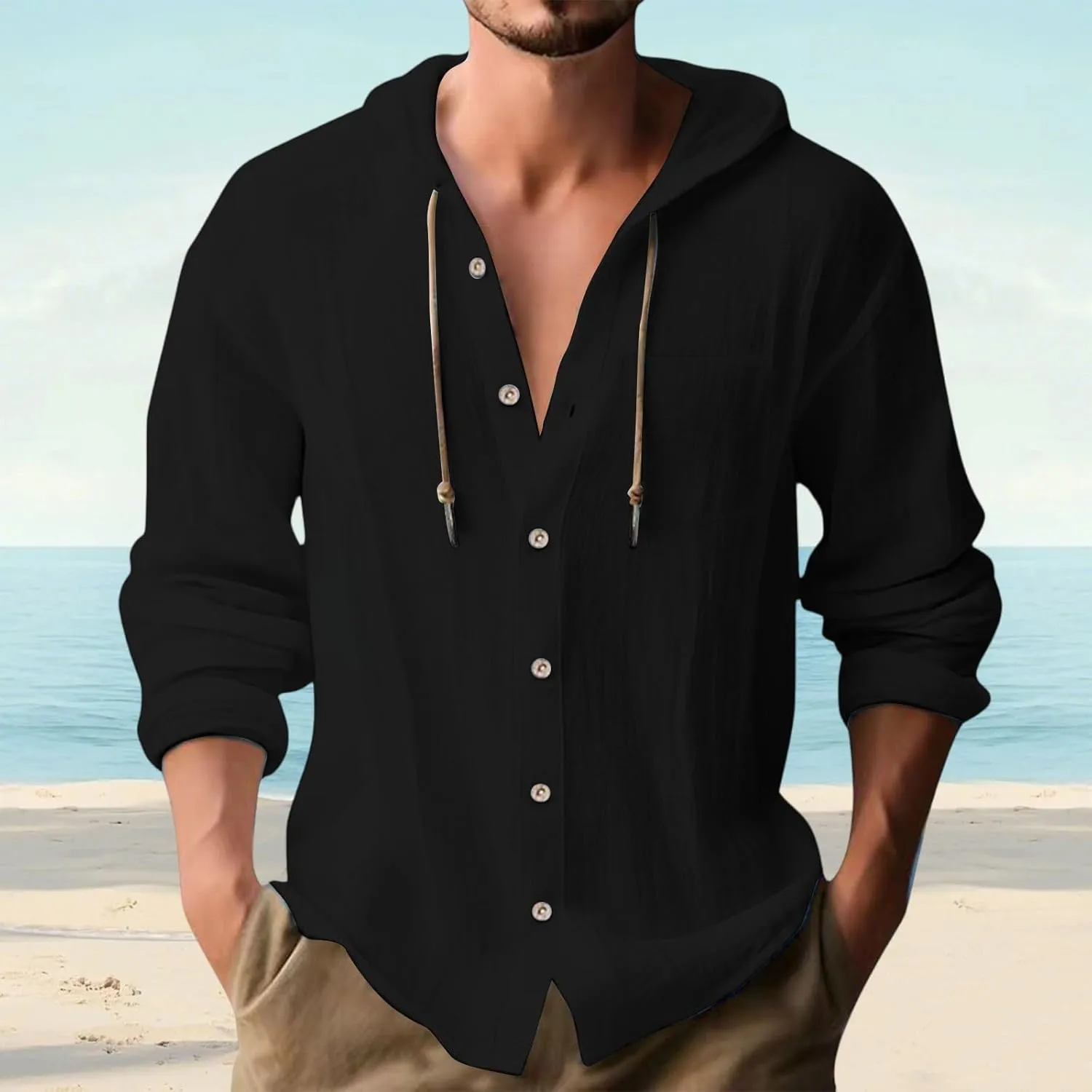 Mens Button Up Hoodies Cotton Linen Long Sleeve Lightweight Summer Sun Protection Hooded Beach Shirts