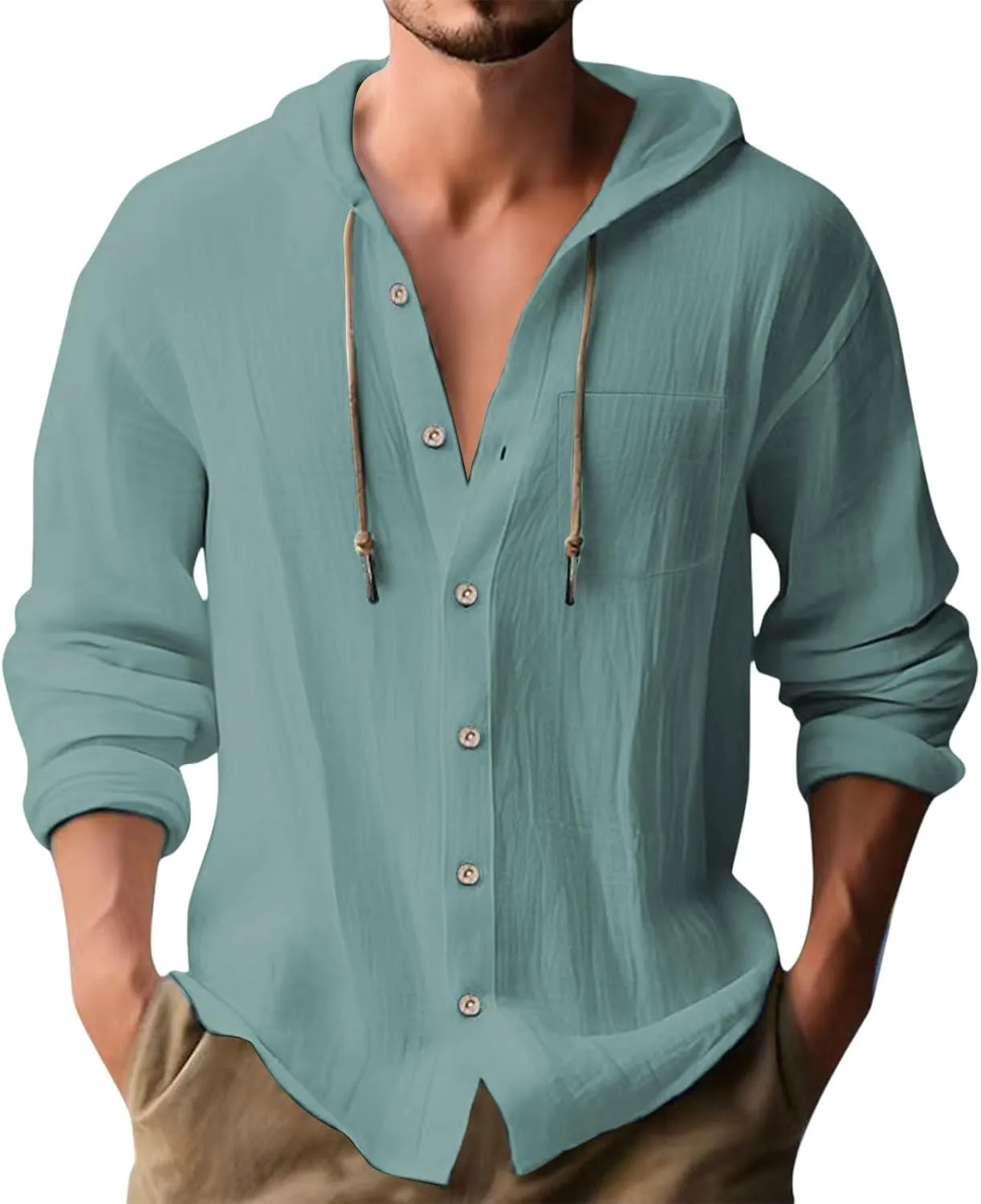 Mens Button Up Hoodies Cotton Linen Long Sleeve Lightweight Summer Sun Protection Hooded Beach Shirts