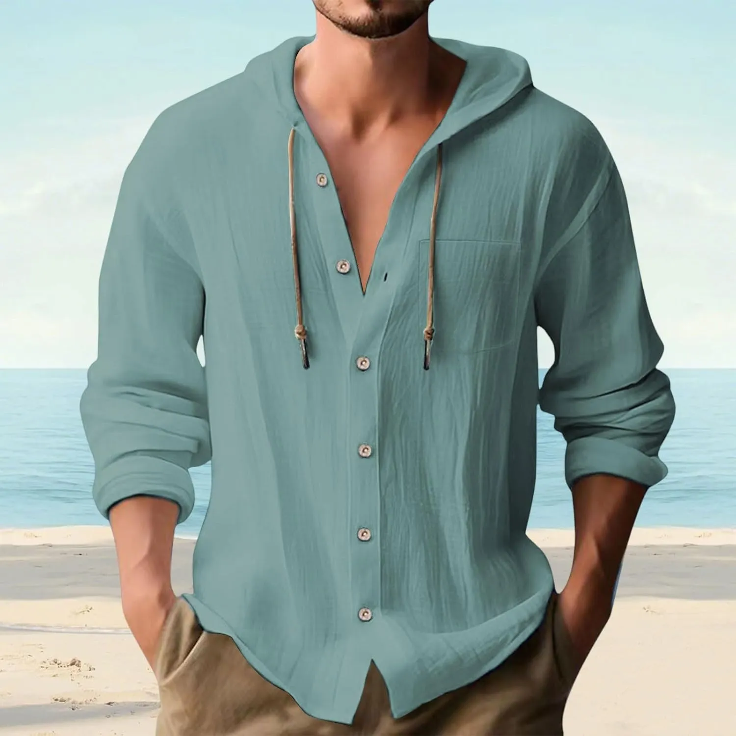 Mens Button Up Hoodies Cotton Linen Long Sleeve Lightweight Summer Sun Protection Hooded Beach Shirts