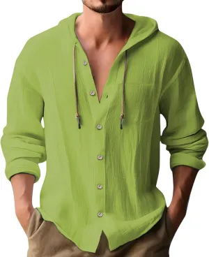 Mens Button Up Hoodies Cotton Linen Long Sleeve Lightweight Summer Sun Protection Hooded Beach Shirts