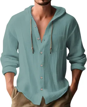 Mens Button Up Hoodies Cotton Linen Long Sleeve Lightweight Summer Sun Protection Hooded Beach Shirts