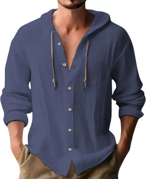 Mens Button Up Hoodies Cotton Linen Long Sleeve Lightweight Summer Sun Protection Hooded Beach Shirts