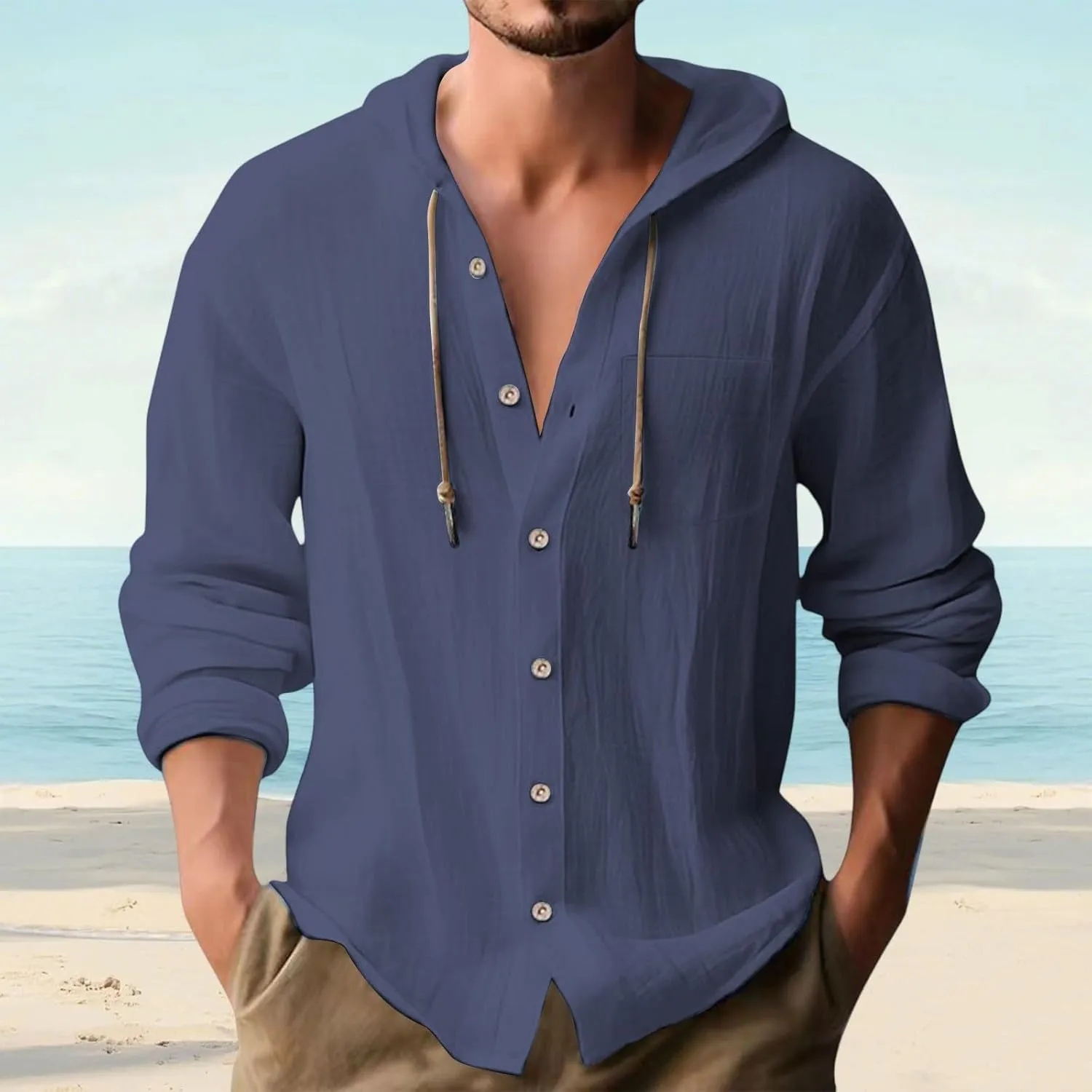 Mens Button Up Hoodies Cotton Linen Long Sleeve Lightweight Summer Sun Protection Hooded Beach Shirts