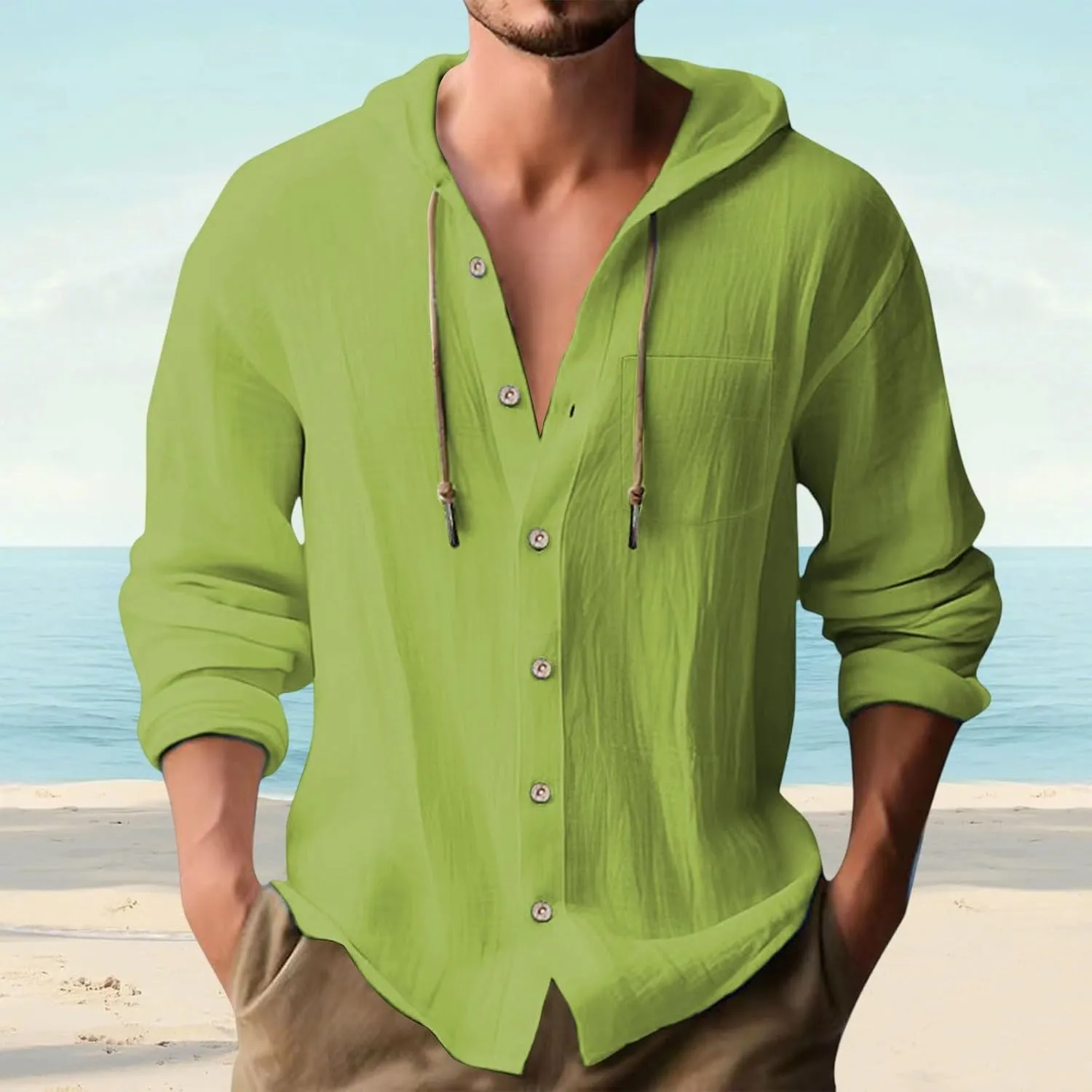 Mens Button Up Hoodies Cotton Linen Long Sleeve Lightweight Summer Sun Protection Hooded Beach Shirts