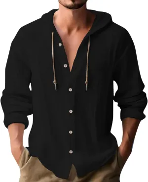 Mens Button Up Hoodies Cotton Linen Long Sleeve Lightweight Summer Sun Protection Hooded Beach Shirts