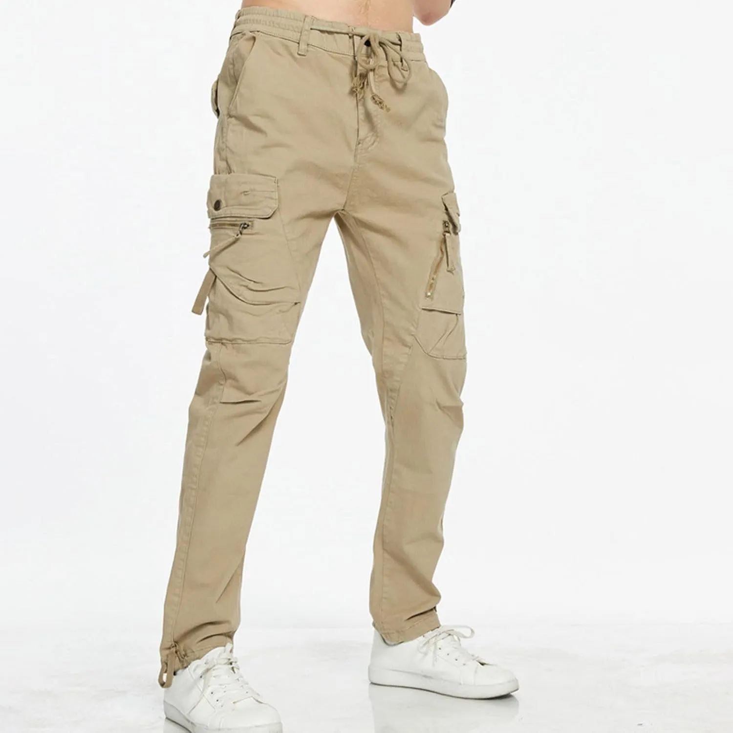 Mens Cargo Pants Casual Drawstring Cotton Jogger Outdoor Hiking Work Sweatpants with Pockets