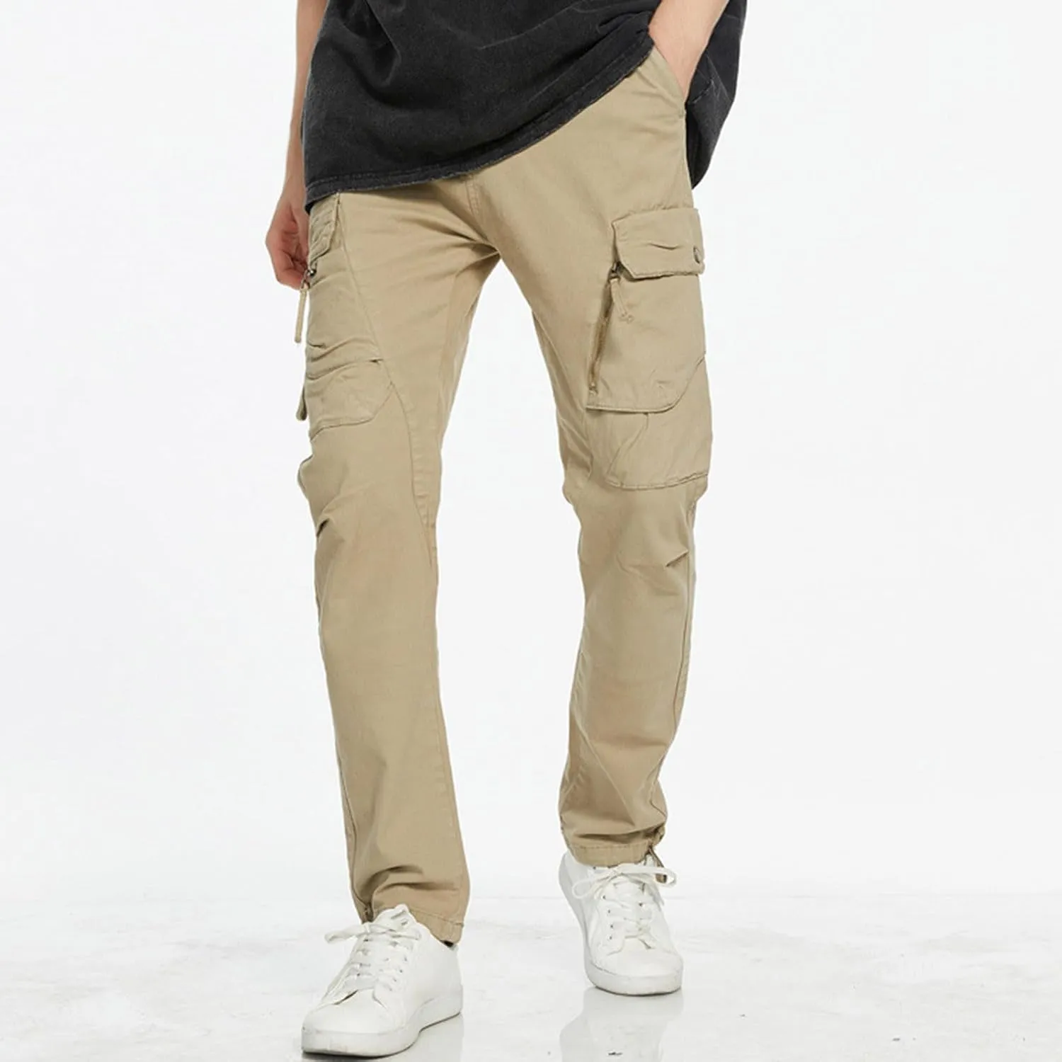 Mens Cargo Pants Casual Drawstring Cotton Jogger Outdoor Hiking Work Sweatpants with Pockets
