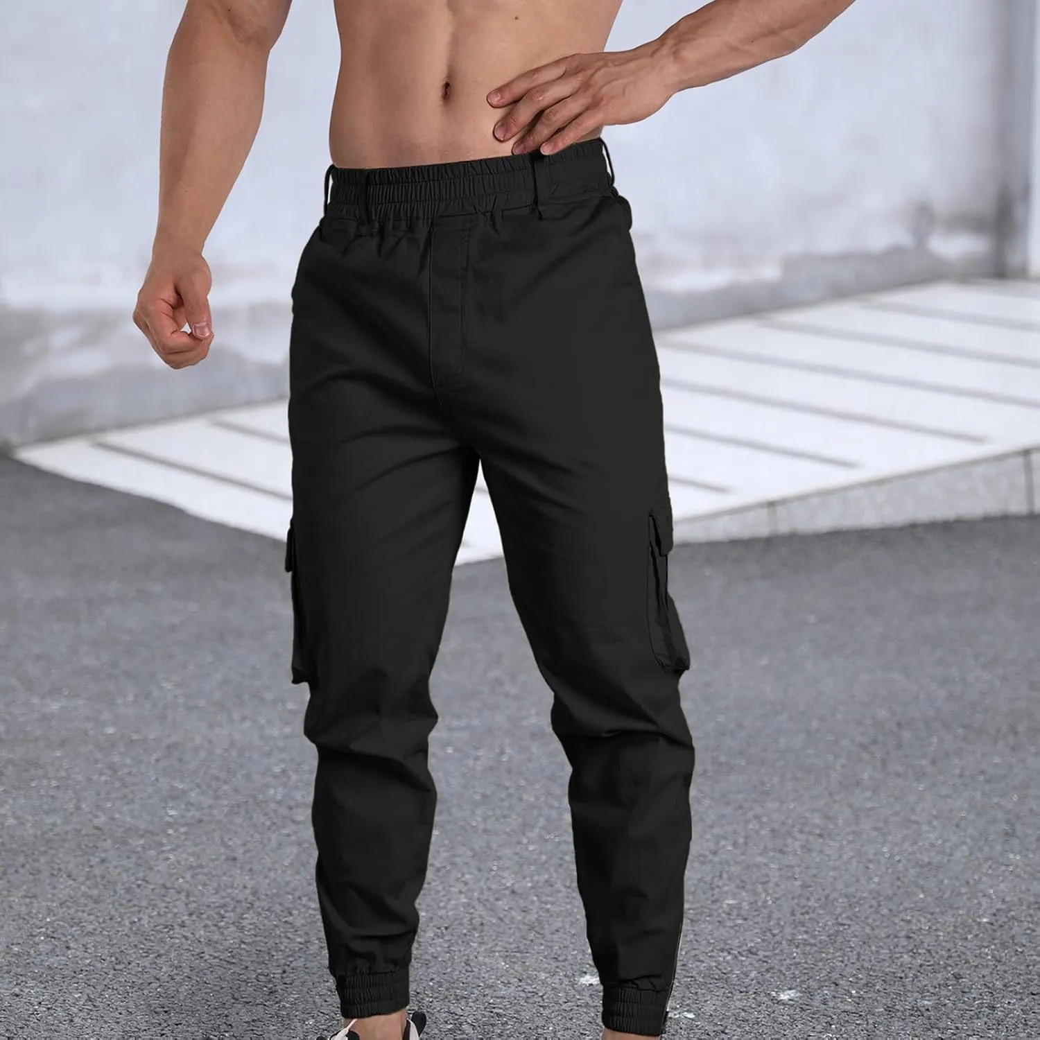 Men's Cargo Pants Casual Elastic Waist Pants Loose fit Jogger Pants Outdoor Hiking Pants Gym Pants with Pockets