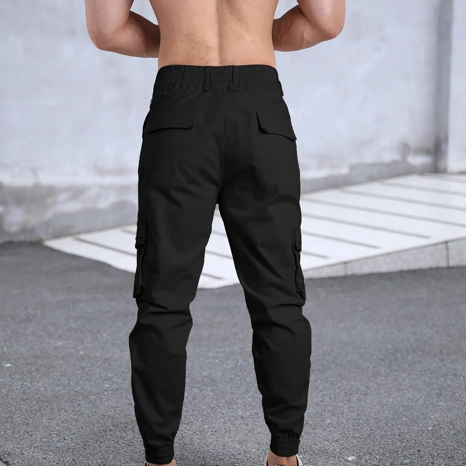 Men's Cargo Pants Casual Elastic Waist Pants Loose fit Jogger Pants Outdoor Hiking Pants Gym Pants with Pockets