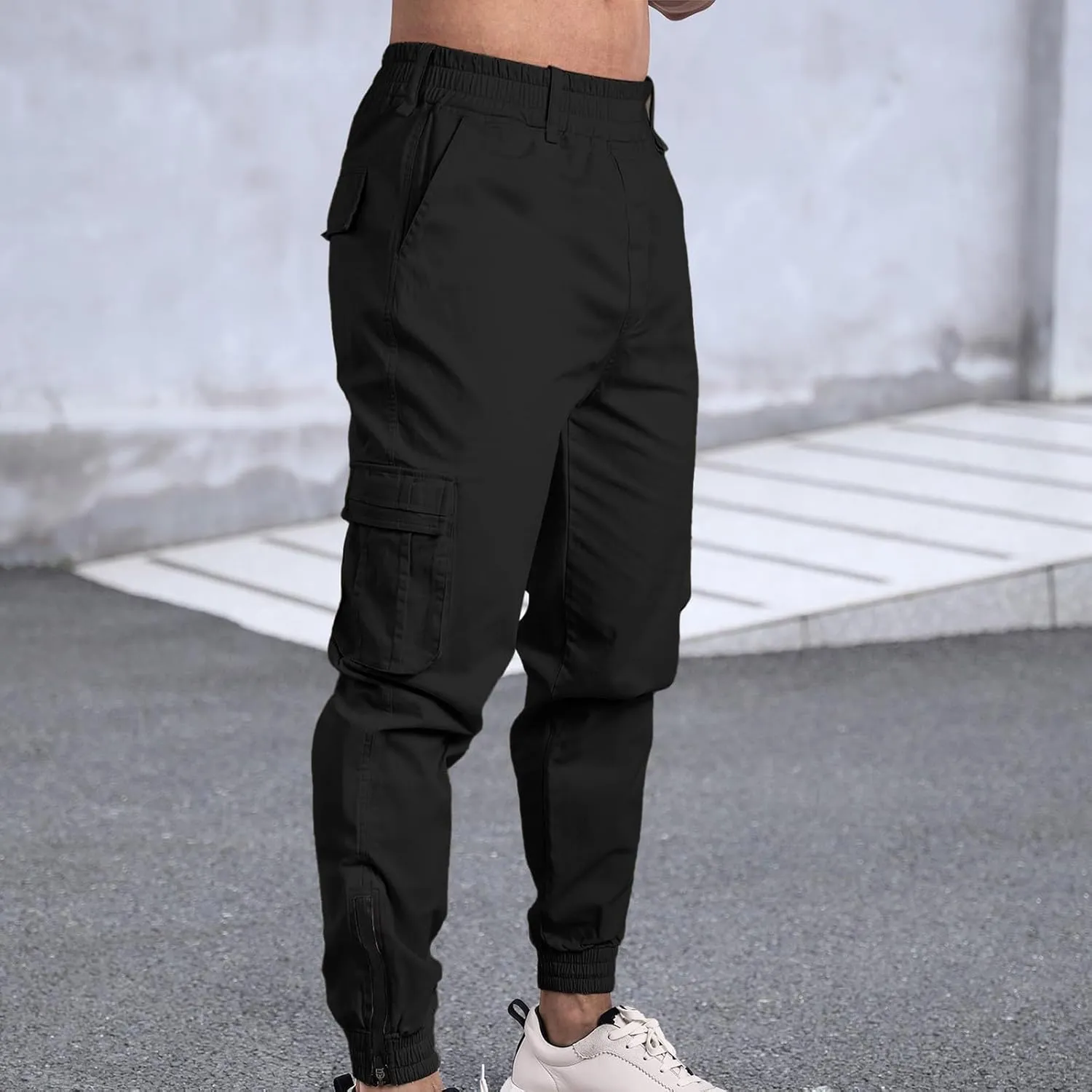 Men's Cargo Pants Casual Elastic Waist Pants Loose fit Jogger Pants Outdoor Hiking Pants Gym Pants with Pockets